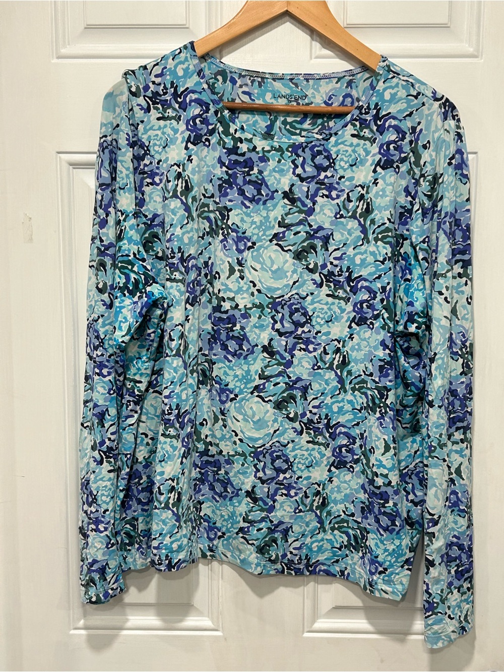 Lands End Rash Guard Swim Shirt 1X 16W-18W Turquoise Blue Floral Long Sleeve